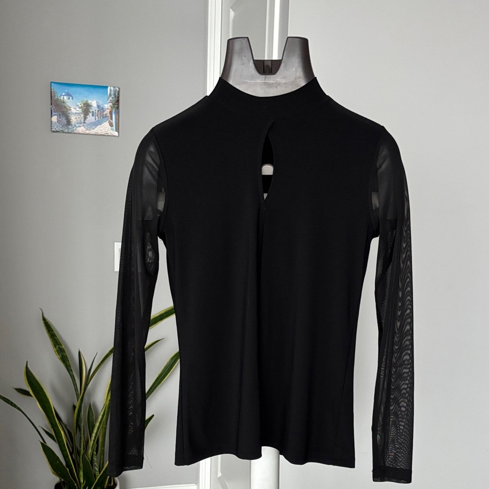 DKNY Elegant Black Blouse with Sheer Sleeves